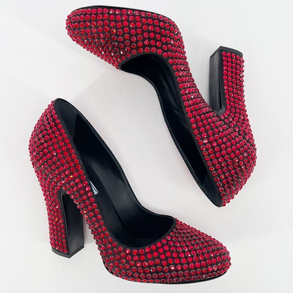 Prada Red Crystal Covered Satin Block Heel Ruby Slipper Pumps IT 37.5 Runway - Picture 5 of 12